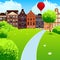Landscape with a road to the cozy town. Vector background