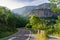 Landscape road to the mountain with forests and vegetation. Rest and free time to enjoy nature. Spain