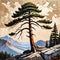 Landscape rocky cliff high mountain pine tree oil painting minimal