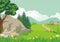 Landscape with rocky hill, Lovely and cute scenery cartoon design.