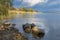 Landscape with rocky riverside on Dnipro river at fall season