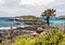 Landscape, rocky shoreline of Santa Fe Island in the Galapagos, Ecuador.