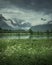 Landscape of Romsdalen with snowy mountains in rain clouds and flowers with river in Norway