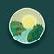 Landscape round illustration illustration river and green forest against sun