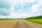 Landscape rural road and blue sky. Straight gravel road leading to the horizon.