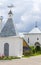 Landscape with the Russian Orthodox Church and cloudy sky. Russian village church.