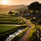 A landscape of rustic rural village in sunset background