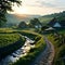 A landscape of rustic rural village in sunset background