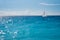 Landscape of sailing white boat on the blue crystal sea