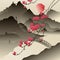 Landscape with sakura branches, river and hills in japanese style on vintage watercolor background. Vector illustration