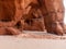 Landscape with sandstone cliff fragments on blurred background