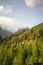 Landscape scene of cascading green mountains under cloudy sky, vertical shot