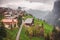 Landscape Scenery Aerial View Over The Village of Murren City From Cable Car, Switzerland. Amazing Valley View With Historic