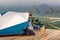 Landscape Scenery Mountains View With Camping Tent on Wooden Terrace for Outdoors Leisure Activity Relaxation. Beautiful Scenic of