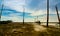 Landscape of sea at tide and blue sky and clouds with fisherman`s boat. Sea mud beach when the water lower. Fishing boat parked