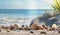 Landscape with seashells on tropical beach. Generative AI
