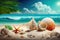 Landscape with seashells on tropical beach - summer holiday illustration generative ai