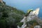 Landscape with sharp cliff in rocky shore covered with dense southern vegetation and wonderful clean turquoise water Mediterranean