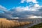 Landscape shot of dramatic rain clouds rolling in with a moor and reeds in the forground