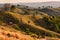 A landscape shot of rolling hills and dry brush on a trail