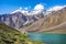 Landscape showing Himalayan mountains and the turquoise lake Chandra Tal, at the Spiti valley, India.