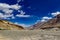 Landscape showing vivid deep blue sky with foreground of rocky pebbles and barren dry mountains of ladakh, Kashmir