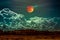 Landscape of sky with bloodmoon at night. Serenity nature background.
