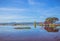 Landscape sky and lake reflection nature. Little hut in lake