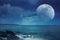 Landscape of sky with super moon on seascape. Serenity nature.