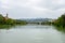 Landscape of Slovenia in Maribor with Drava river. there is Koroski most and Kapucinski samostan church in background taken from