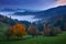 Landscape in Slovenia, nature in Europe. Foggy Triglav Alps with forest, travel in Slovenia. Beautiful sunrise with blue sky,