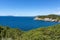 Landscape with small greek islands and bays of Navarino on Peloponnese, Greece, summer vacation destination, eco tourism
