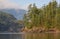Landscape of the small rocky island with pine trees in Harrison Lake, BC,Canada. Travel photo, selective focus