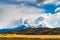 Landscape with snow capped Cuernos Del Paine mountain at Torres del Paine National Park in Southern Chilean Patagonia