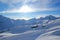 Landscape with snow covered peaks mountains, view Slopes on the skiing resort Elbrus, Caucasus