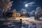 landscape with snow house in the village. Fabulous night view with full moon.