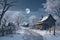 landscape with snow house in the village. Fabulous night view with full moon.