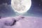 Landscape at snowfall with super moon. Serenity nature background.