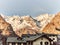 Landscape of the snowy mountains of the Aosta Valley in Italy seen from the village of Courmayeur