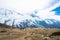 Landscape with snowy mountains, closed clouds, Nepal.