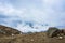 Landscape with snowy mountains, closed clouds, Nepal.