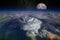 Landscape from space, with huge hurricane birth clouds and starry sky and moonrise.