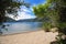 Landscape in spring lake nahuel huapi coast with sandy beach in Bariloche Argentina