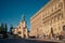 The Landscape of Stockholm Palace with the statue of Karl XIV Johans and Church of St. Nicholas in Stockholm, Sweden