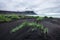 Landscape in the Stokksnes, Iceland. Black sand on the sea shore and high rocks. Natural landscape in the Iceland.