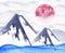 Landscape with stylized mountains and moon. Hand drawn watercolor illustration