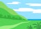 Landscape summer day. Green hill and footpath going to sea. Nature, travel. Vector illustration