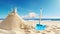 Landscape summer vacation holiday travel ocean sea background banner panorama - Close up of sand castle and sand shovel on the