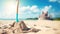 Landscape summer vacation holiday travel ocean sea background banner panorama - Close up of sand castle and sand shovel on the