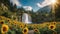 landscape with sunflowers Fantasy waterfall of joy, with a landscape of sunflowers and butterflies,
